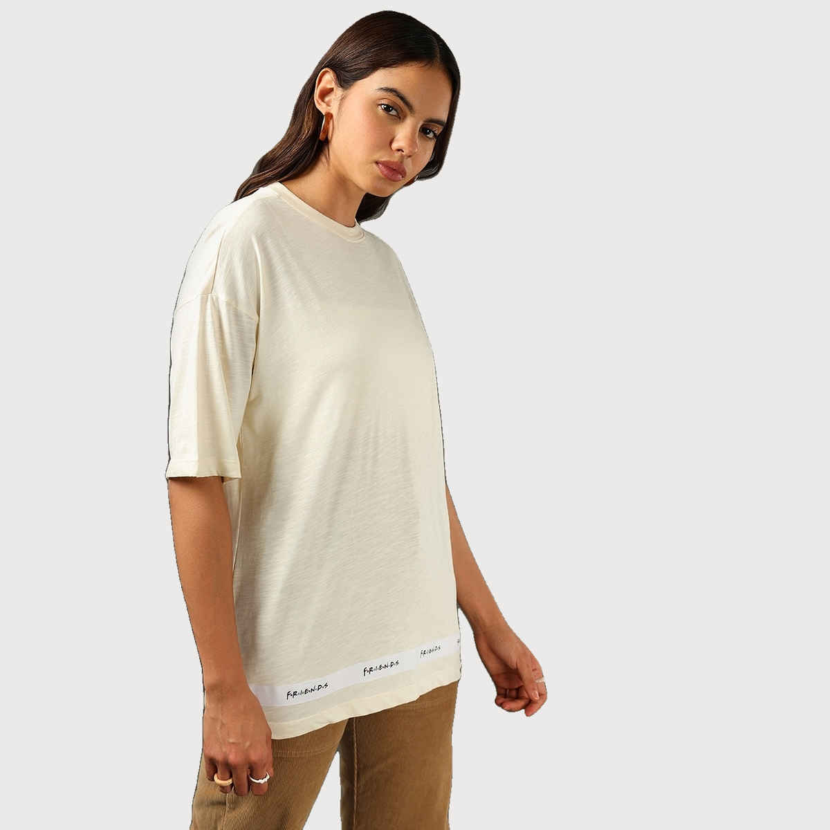 Bewakoof Women's Friends Tape Graphic Printed Oversized T-shirt | Gardenia - L