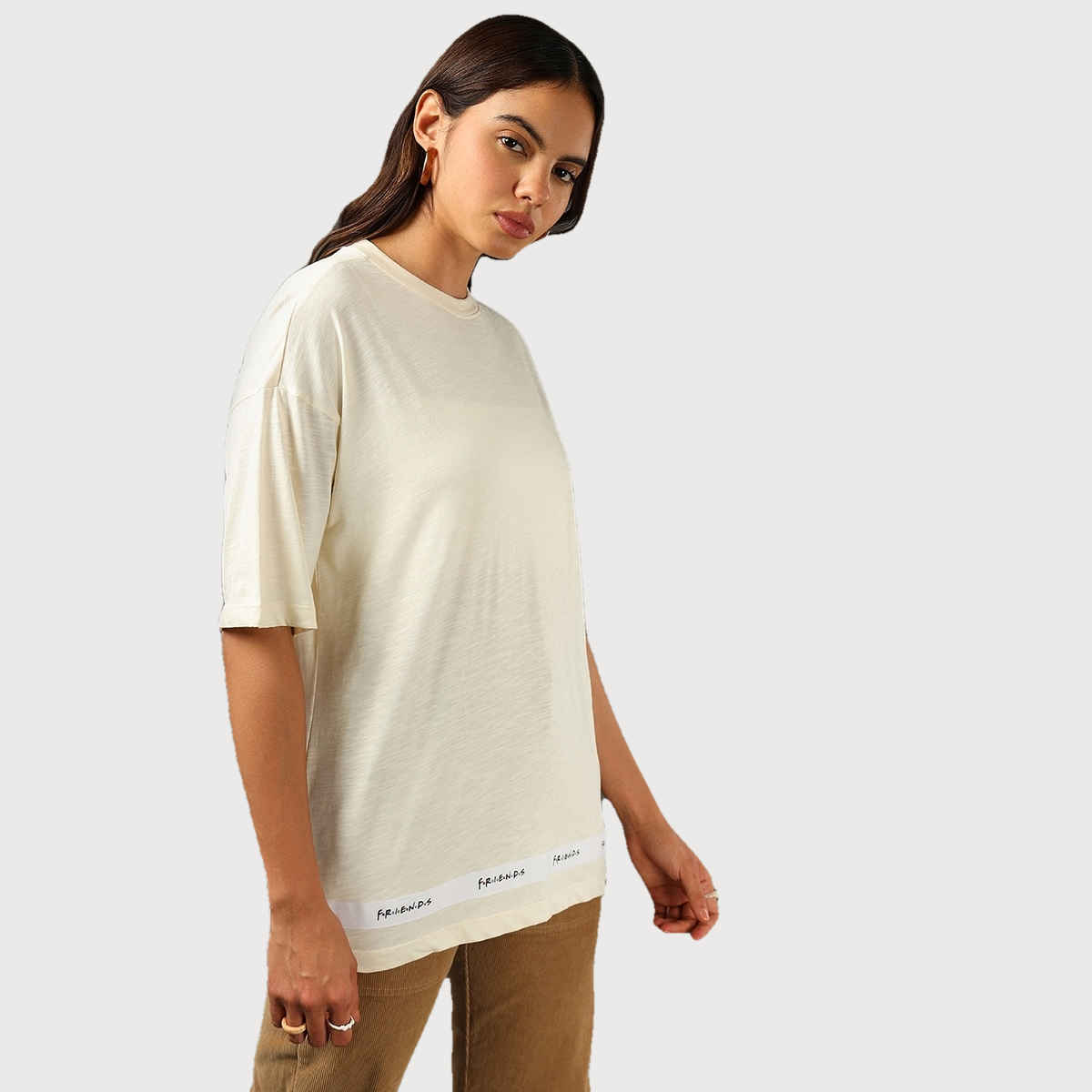 Bewakoof Women's Friends Tape Graphic Printed Oversized T-shirt | Gardenia - XL