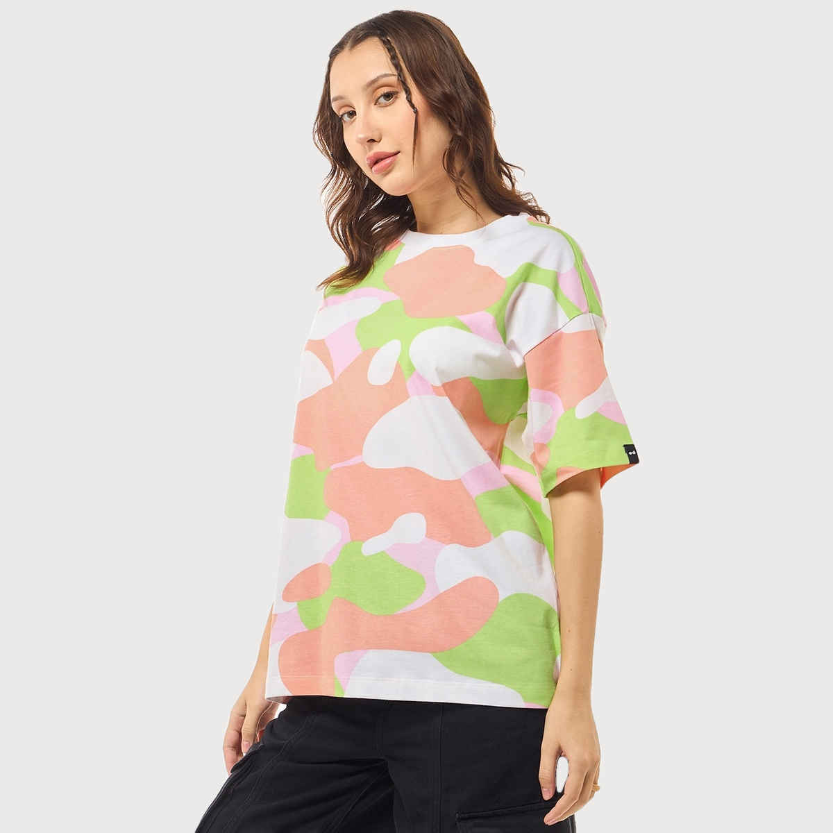 Bewakoof Women's Camouflage Printed Oversized T-shirt | Multicolour - L