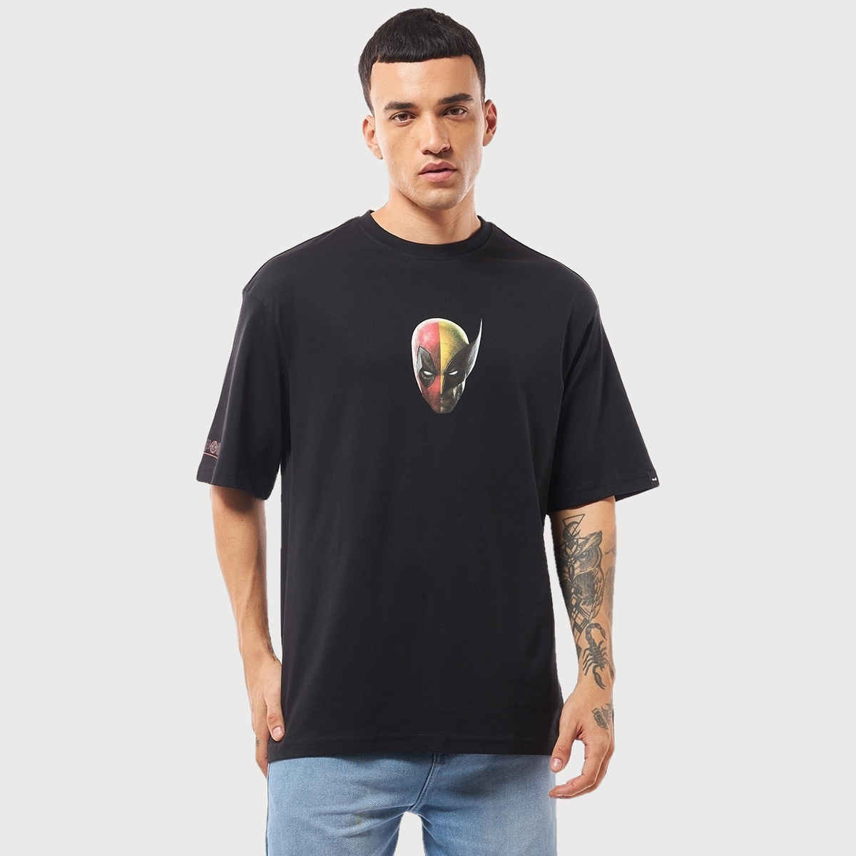 Bewakoof Official Marvel Men's Deadpool Duo Graphic Printed Oversized T-shirt | Black | XL