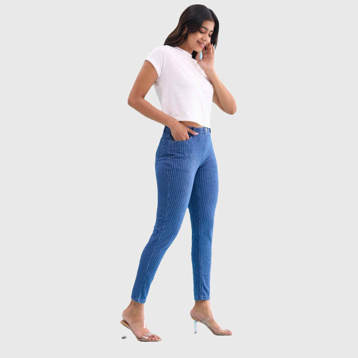 Go Colors Women's Striped Denim Jeggings | LJ03 | Dark Blue - XL