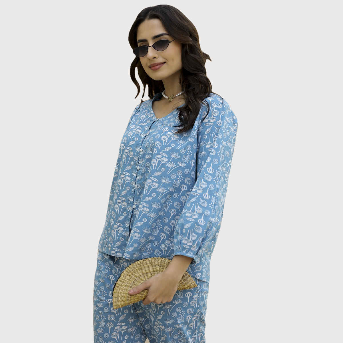 Sanskrutihomes Blue Printed Pure Cotton Top With Trousers | Blue | S