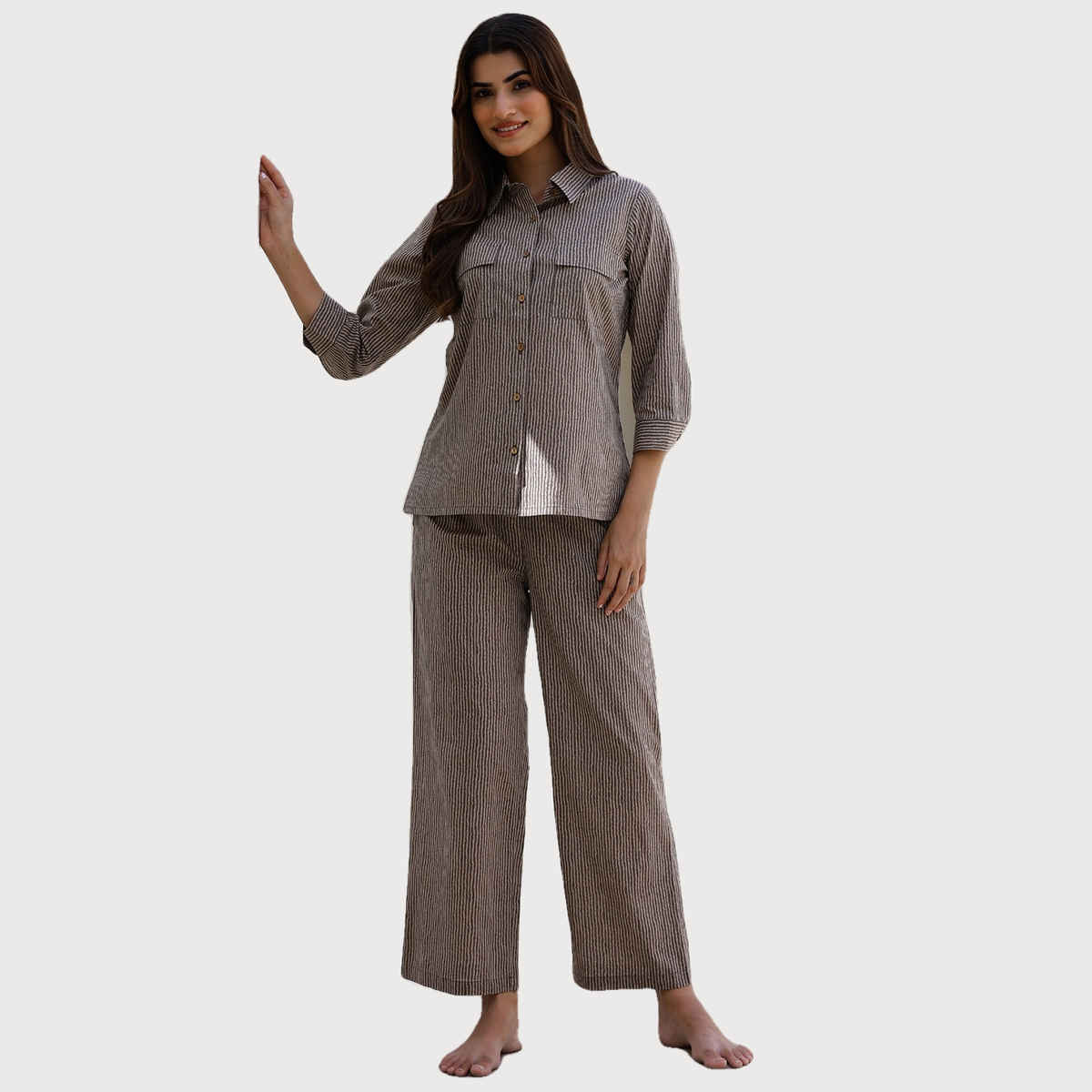 Sanskrutihomes Women Striped Shirt Collar Pure Cotton Beige Night Suit SE-NSP-615 | S