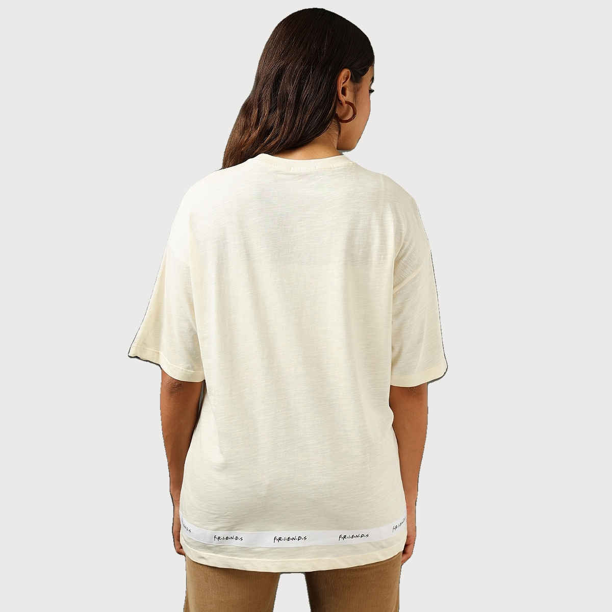 Bewakoof Women's Friends Tape Graphic Printed Oversized T-shirt | Gardenia - L