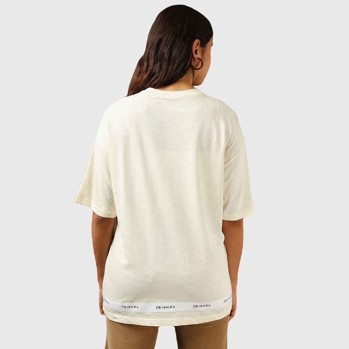 Bewakoof Women's Friends Tape Graphic Printed Oversized T-shirt | Gardenia - M