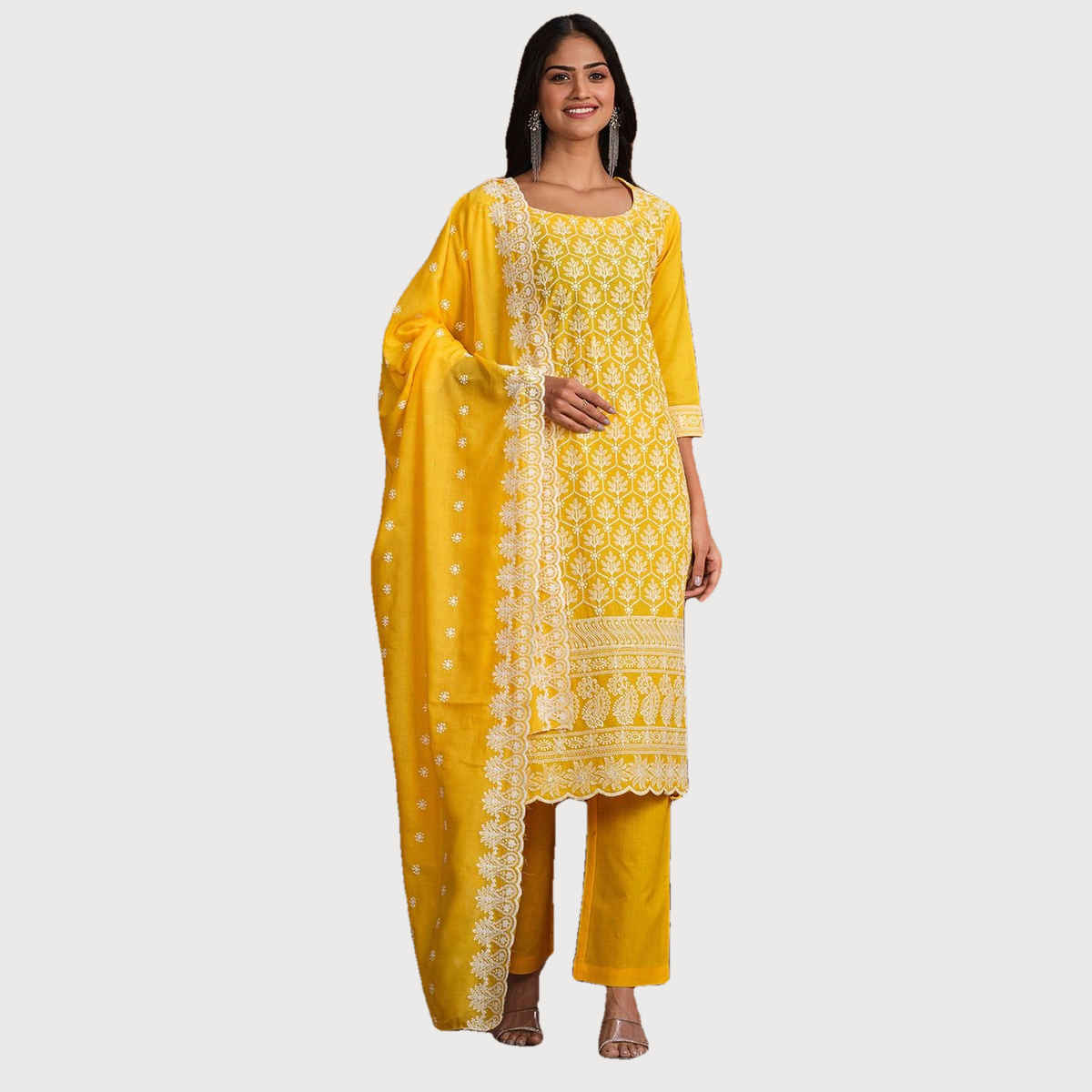 Ishin Women's Kurta Set with Dupatta | Yellow - L