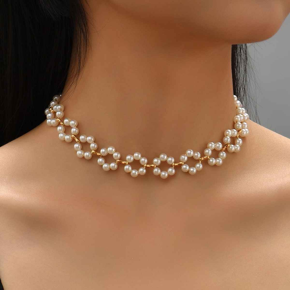 Shining Diva Fashion Stylish Pearl Chain Pendant Choker Necklace for Women and Girls | 14633np