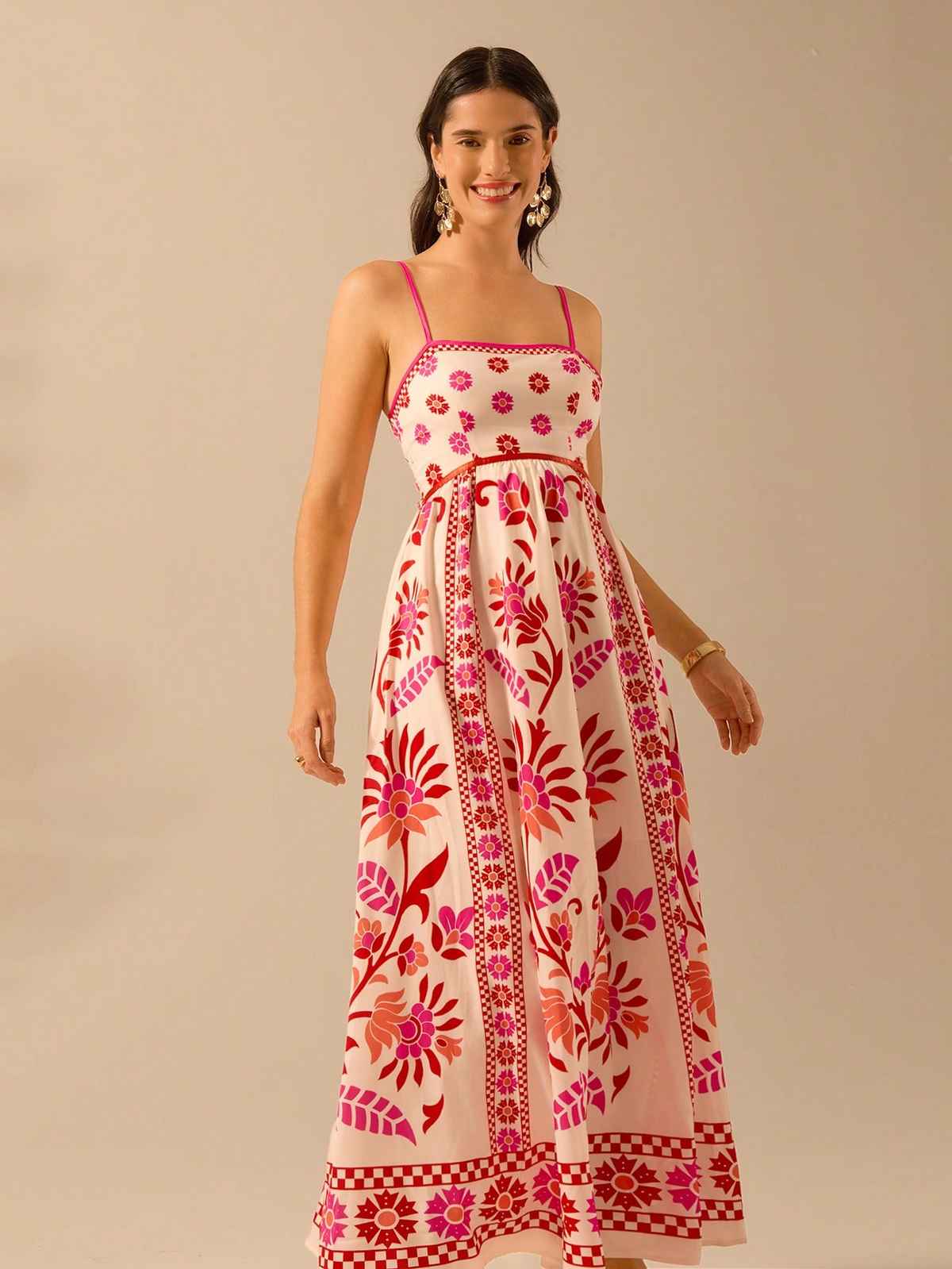 Sheetal Associates Women's Fit and Flare Maxi/Full Length Dress | 12264 | Cream And Red - S