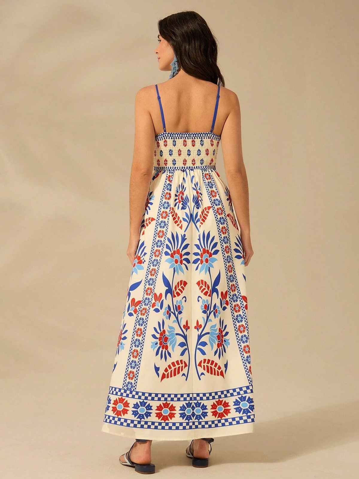 Sheetal Associates Women's Fit And Flare Maxi Full Length Dress | 12263 | Cream And Blue - S
