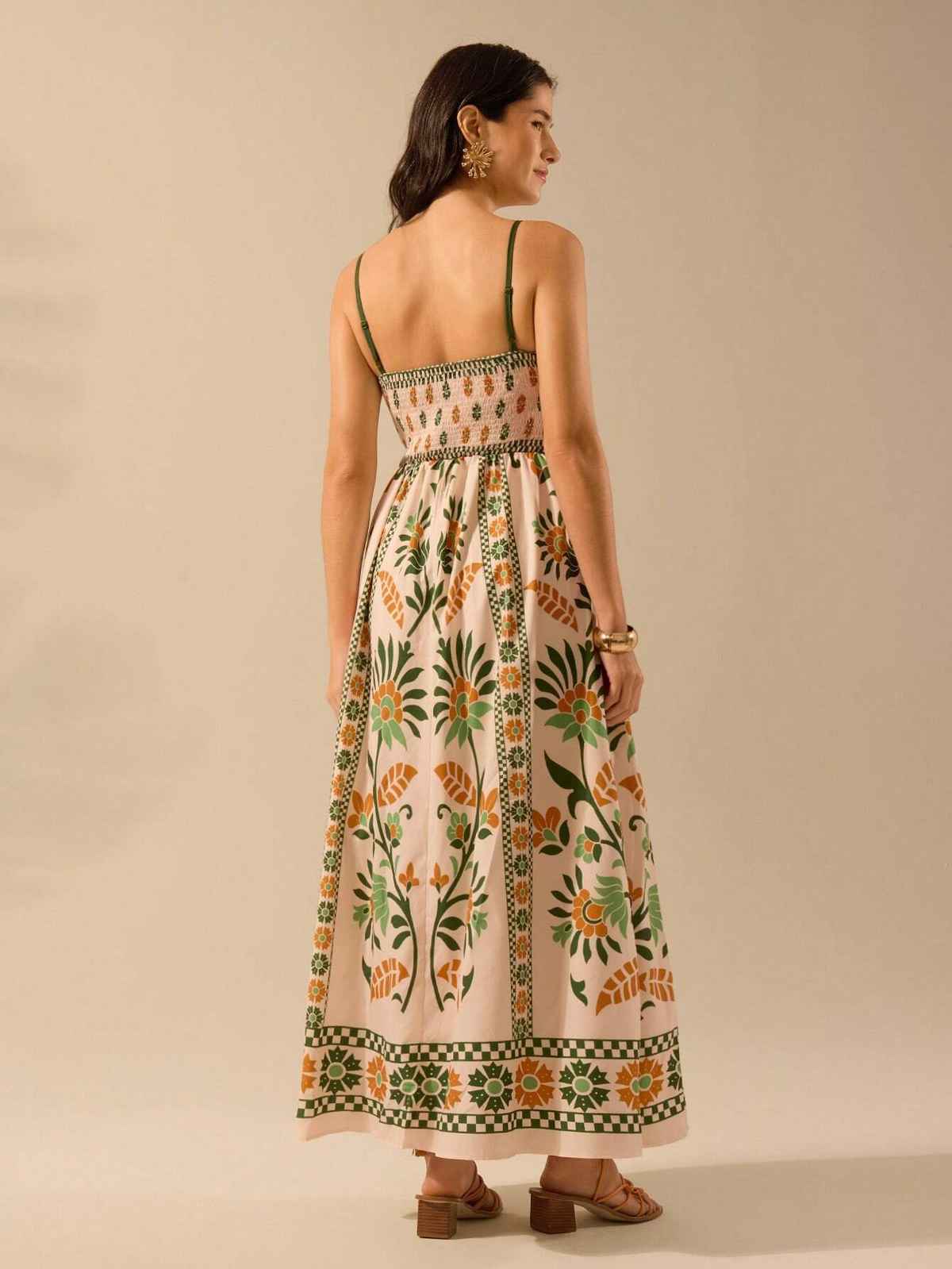 Sheetal Associates Women's Fit and Flare Maxi Full Length Dress | 12262 | Cream And Green - L