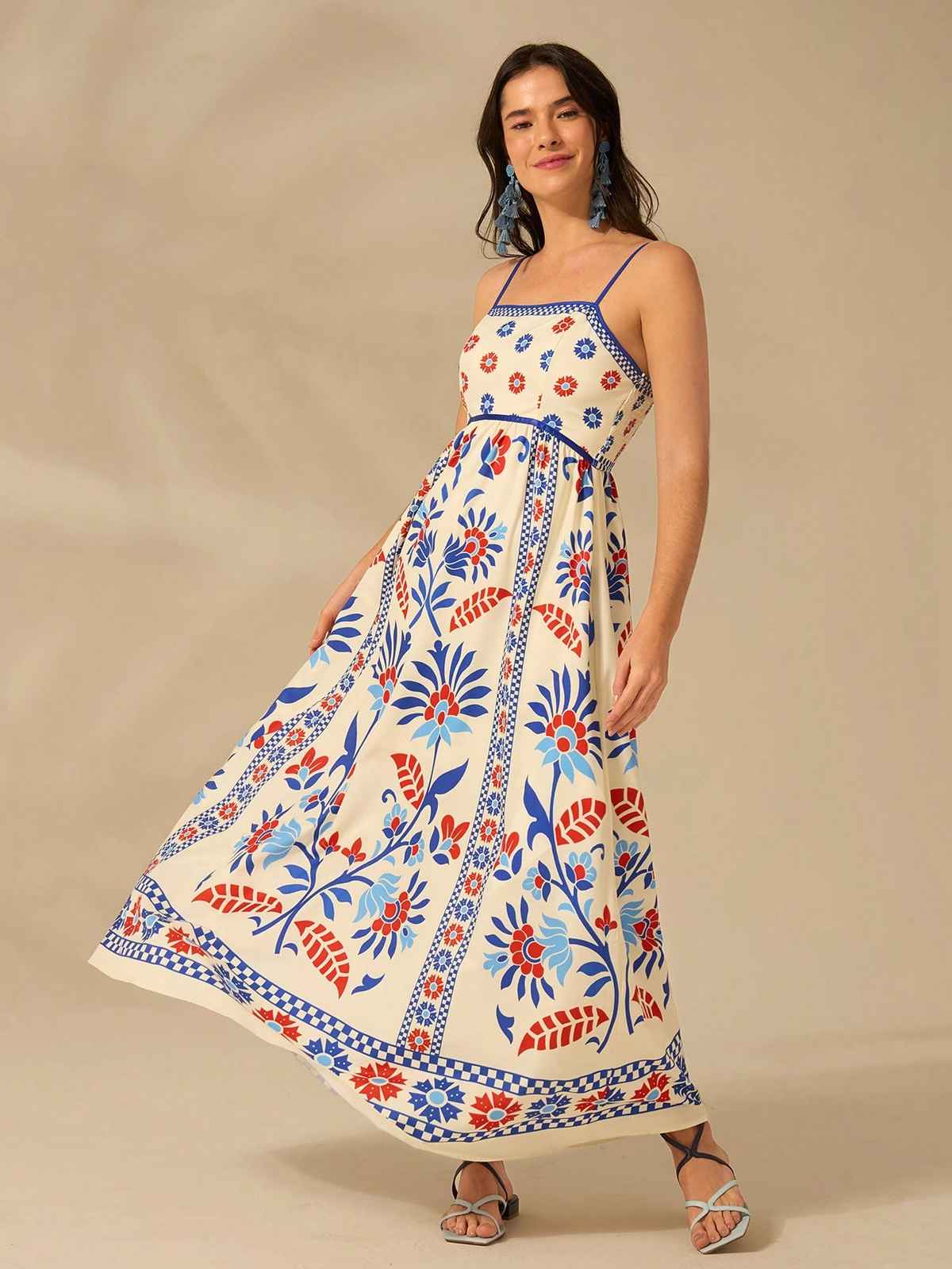 Sheetal Associates Women's Fit And Flare Maxi Full Length Dress | 12263 | Cream And Blue - S