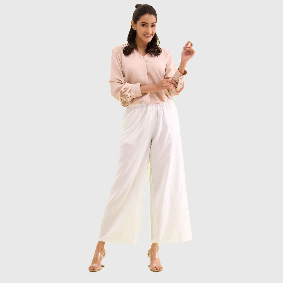 Go Colors Women's Solid Linen Palazzos | LPZ3 | White - M