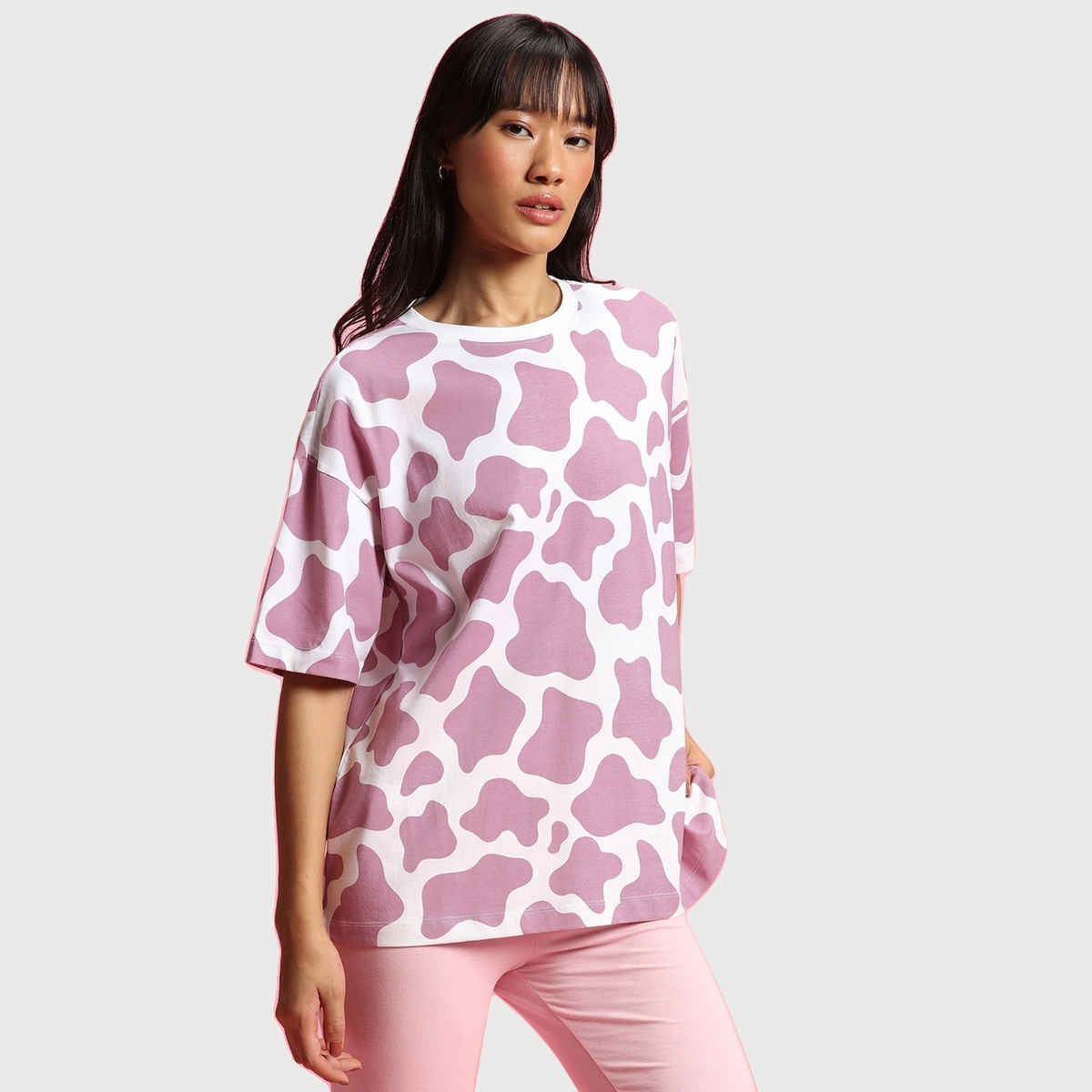 Bewakoof Women's Camo Printed Oversized T-shirt | White & Purple - M