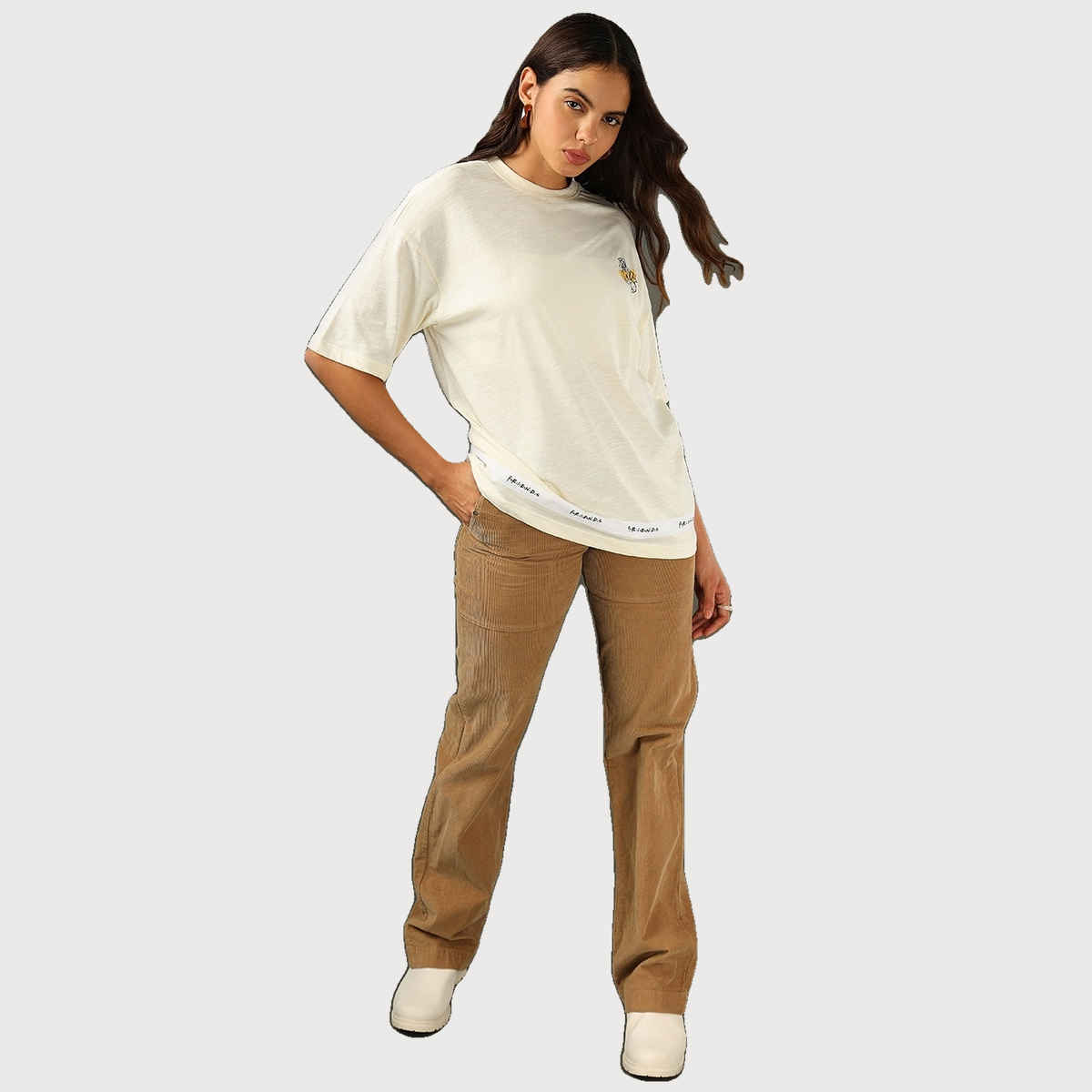 Bewakoof Women's Friends Tape Graphic Printed Oversized T-shirt | Gardenia - L