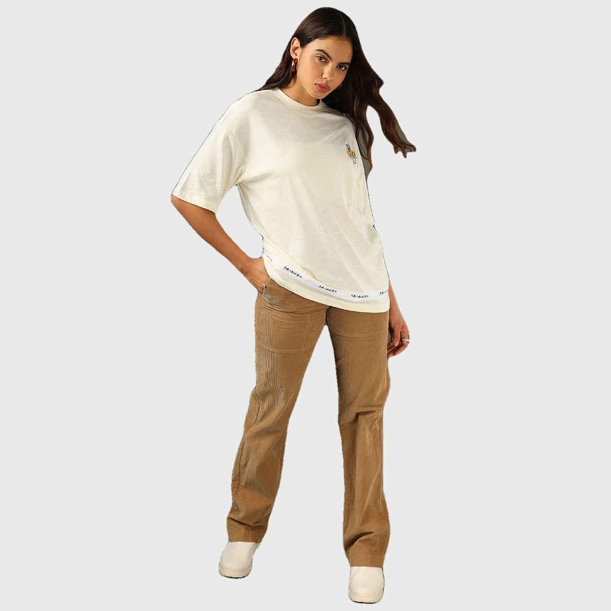 Bewakoof Women's Friends Tape Graphic Printed Oversized T-shirt | Gardenia - XL