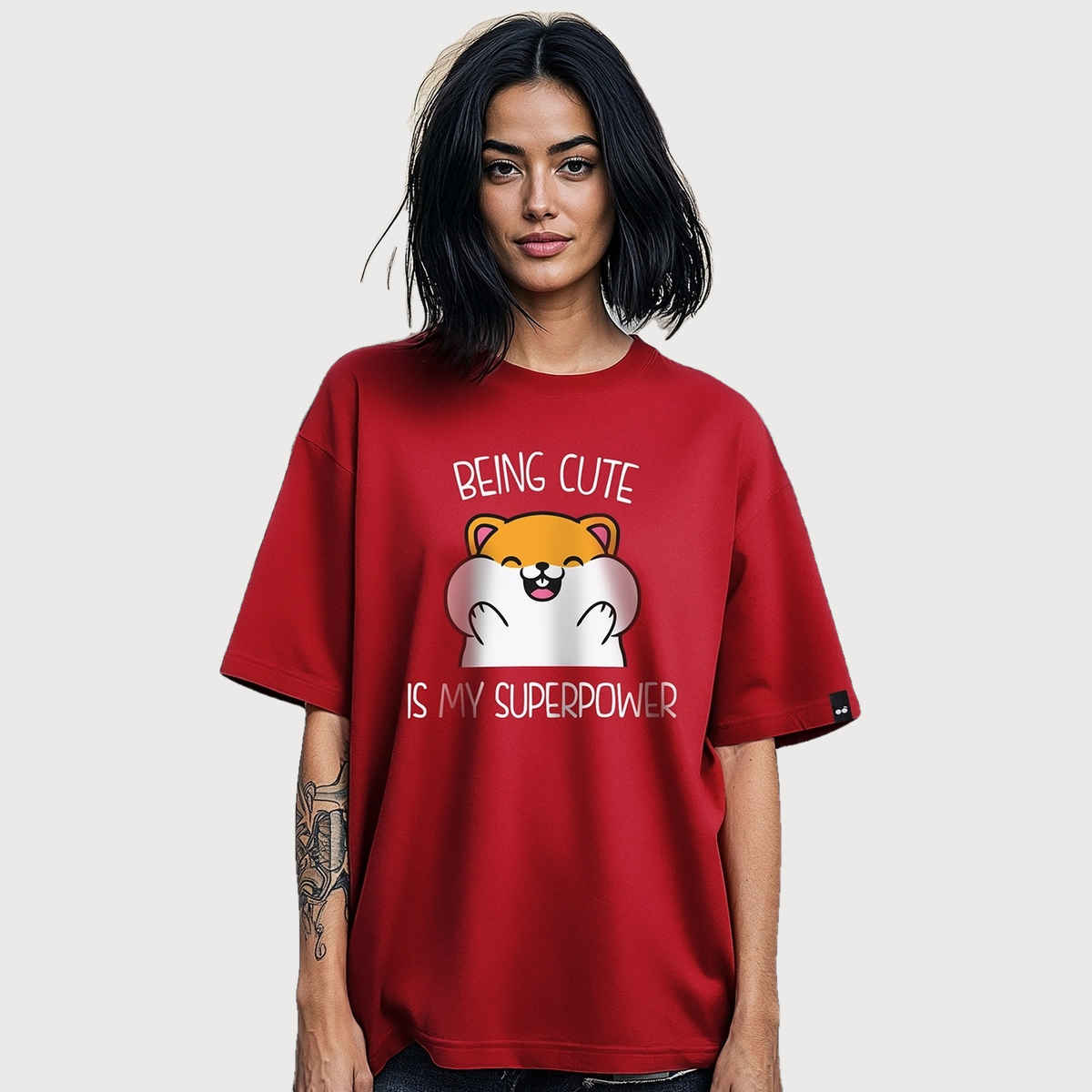 Bewakoof Women's Being Cute Is My Superpower Graphic Printed Oversized T-shirt | Red - L