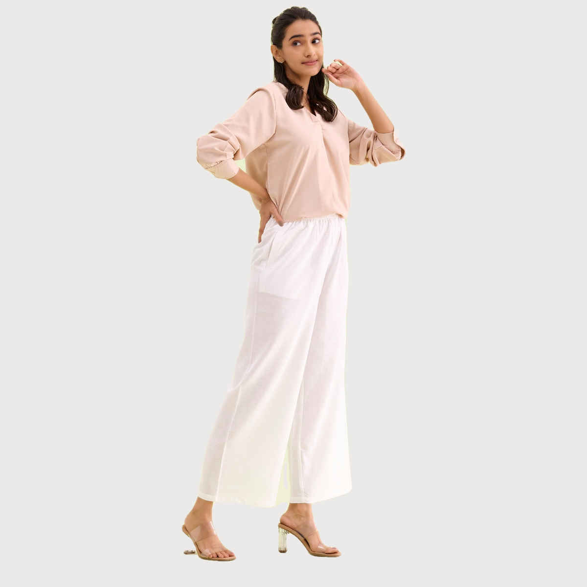 Go Colors Women's Solid Linen Palazzos | LPZ3 | White - M