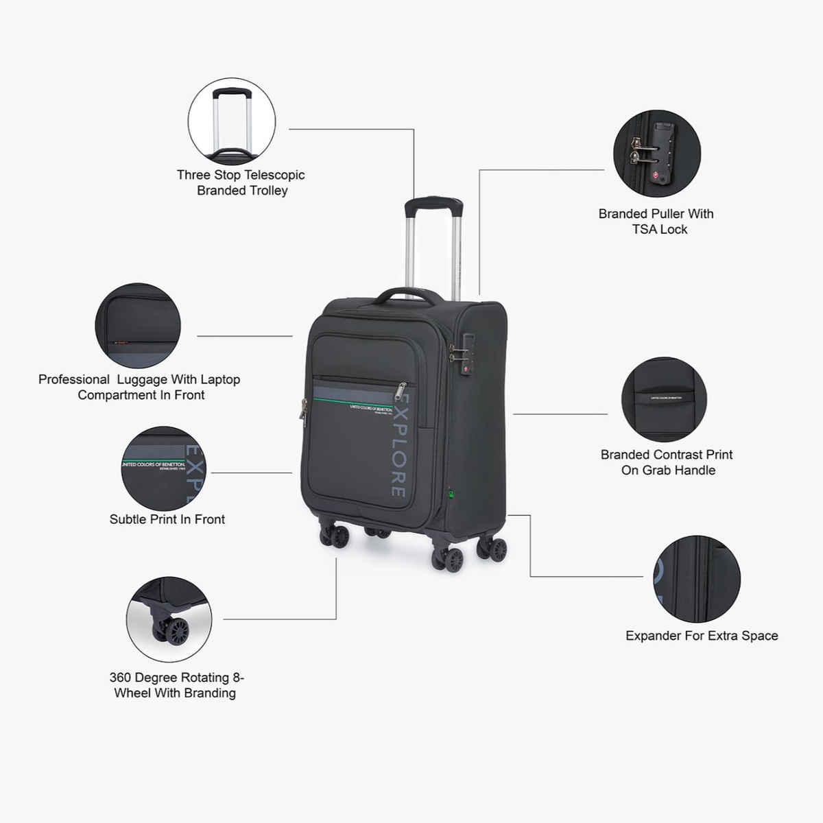 United Colors Of Benetton Unisex Solid Polyester 61 L Telescopic Trolley Bag | Black - S