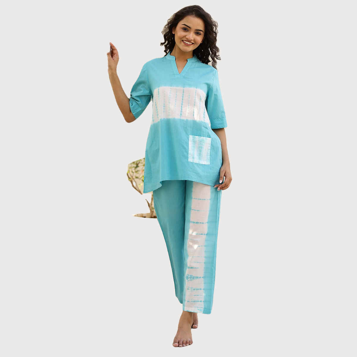 Sanskrutihomes Blue Tie and Dyed Pure Cotton Night Suit | XL