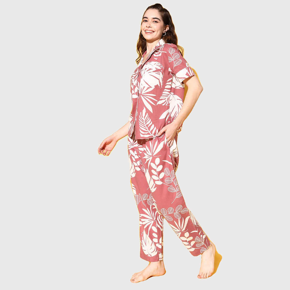 Sanskrutihomes Women Dusty Pink & White Pure Cotton Floral Printed Night Suit SE-NSP-94 | M