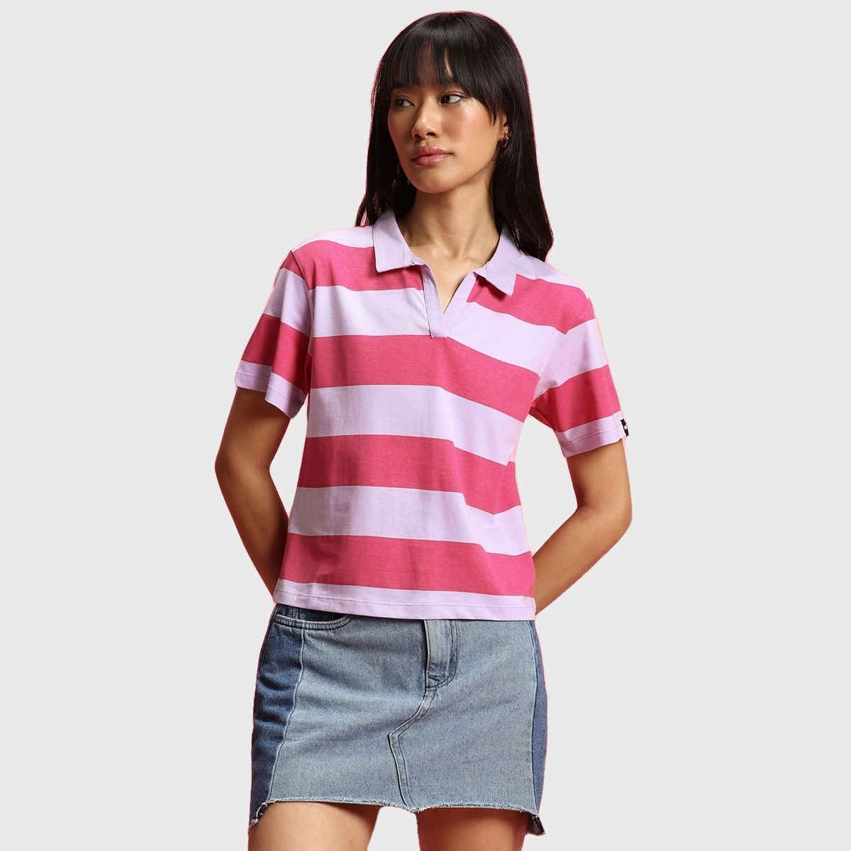 Bewakoof Women's Striped Polo T-shirt | Pink & White - XL