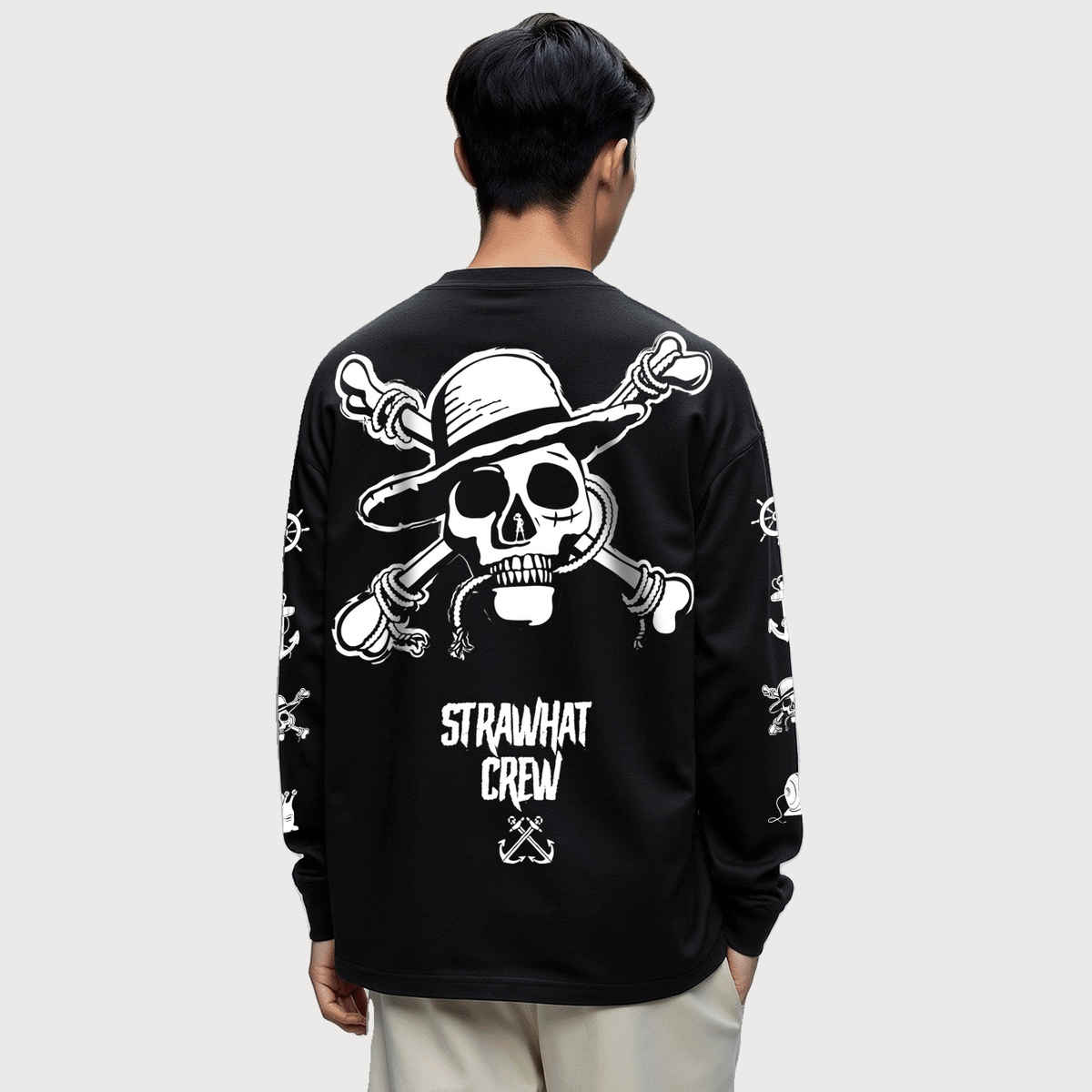 Bewakoof Official One Piece Men's Mugiwara Crew Graphic Printed Oversized T-shirt | Black | L
