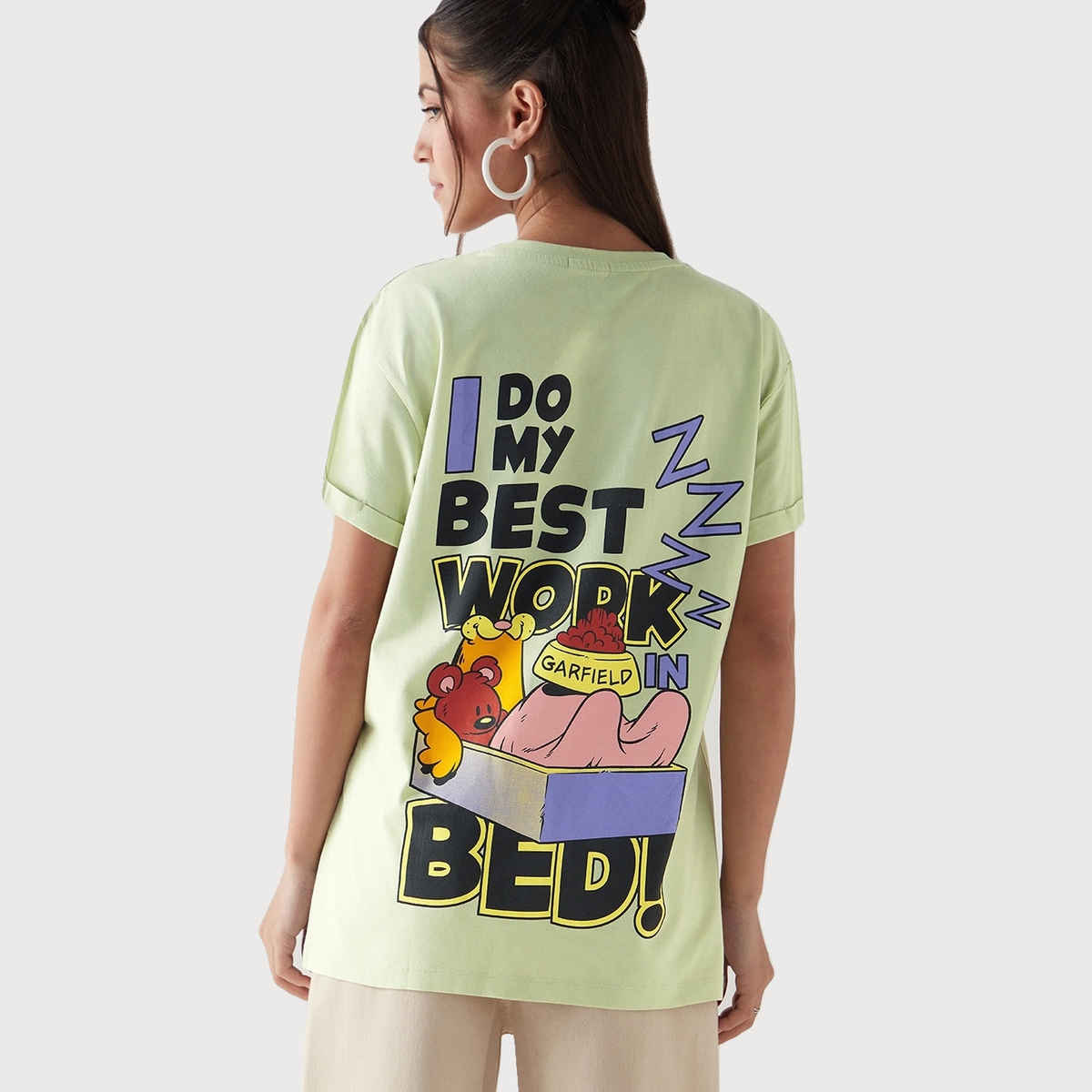 Bewakoof Women's Work in Bed Graphic Printed Boyfriend T-shirt | Fog Green - L