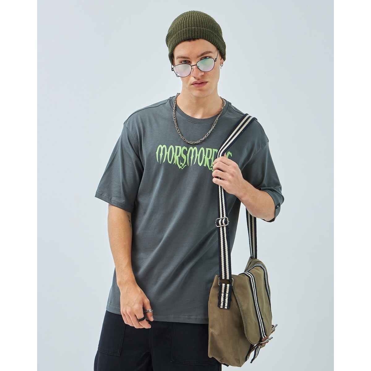 Bewakoof Men's Death Mark Graphic Printed Oversized T-shirt | Grey - XL