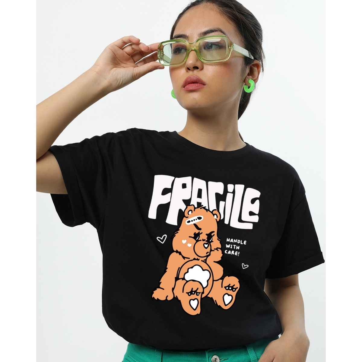 Bewakoof Women's Fragile Graphic Printed Boyfriend T-shirt | Black - L