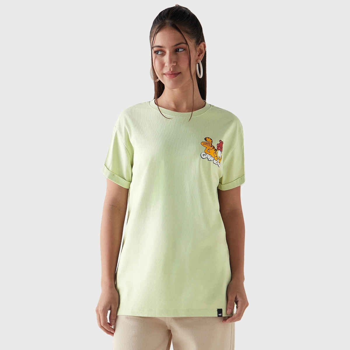 Bewakoof Women's Work in Bed Graphic Printed Boyfriend T-shirt | Fog Green - L