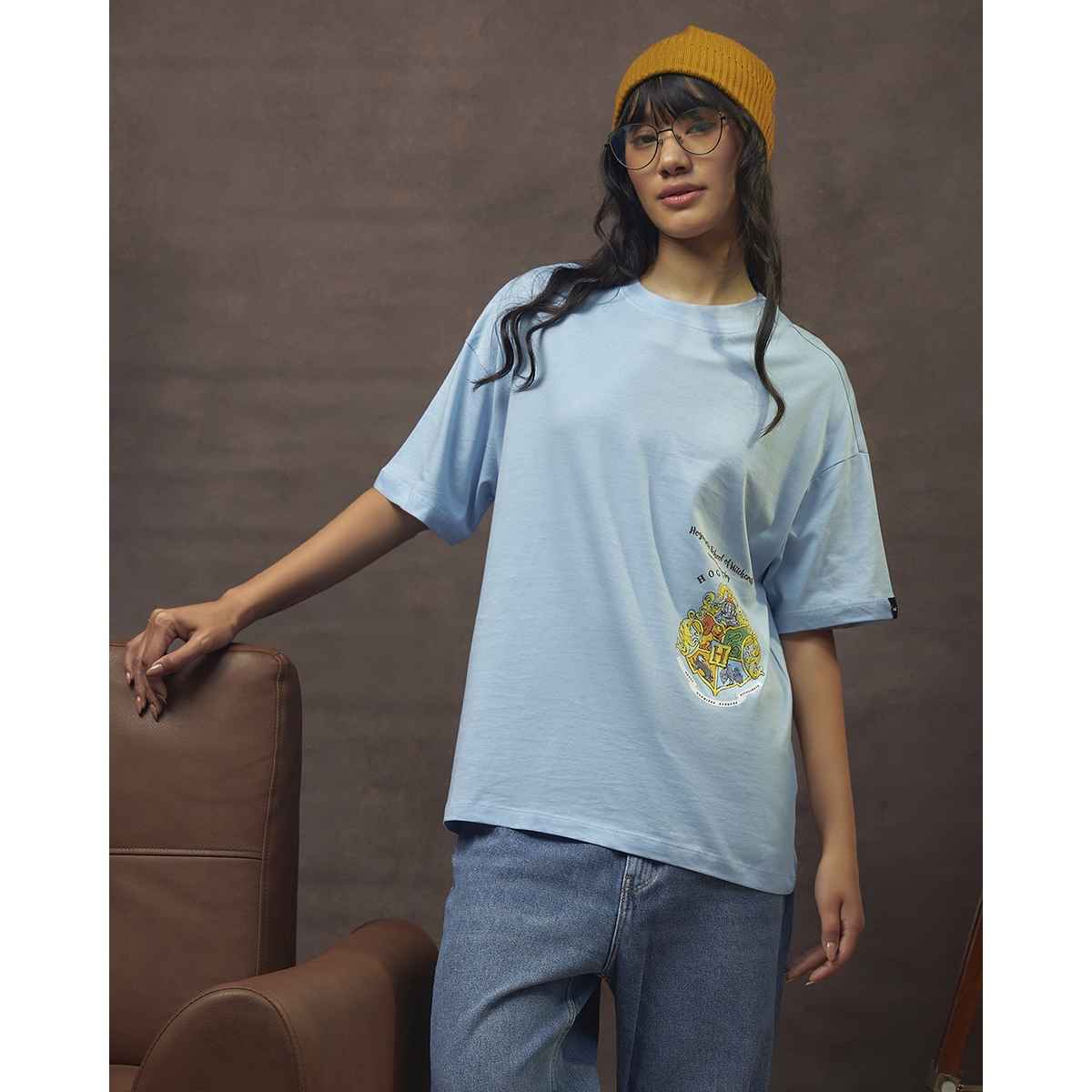 Bewakoof Women's School of Witch Craft Graphic Printed Oversized T-shirt | Blue - M