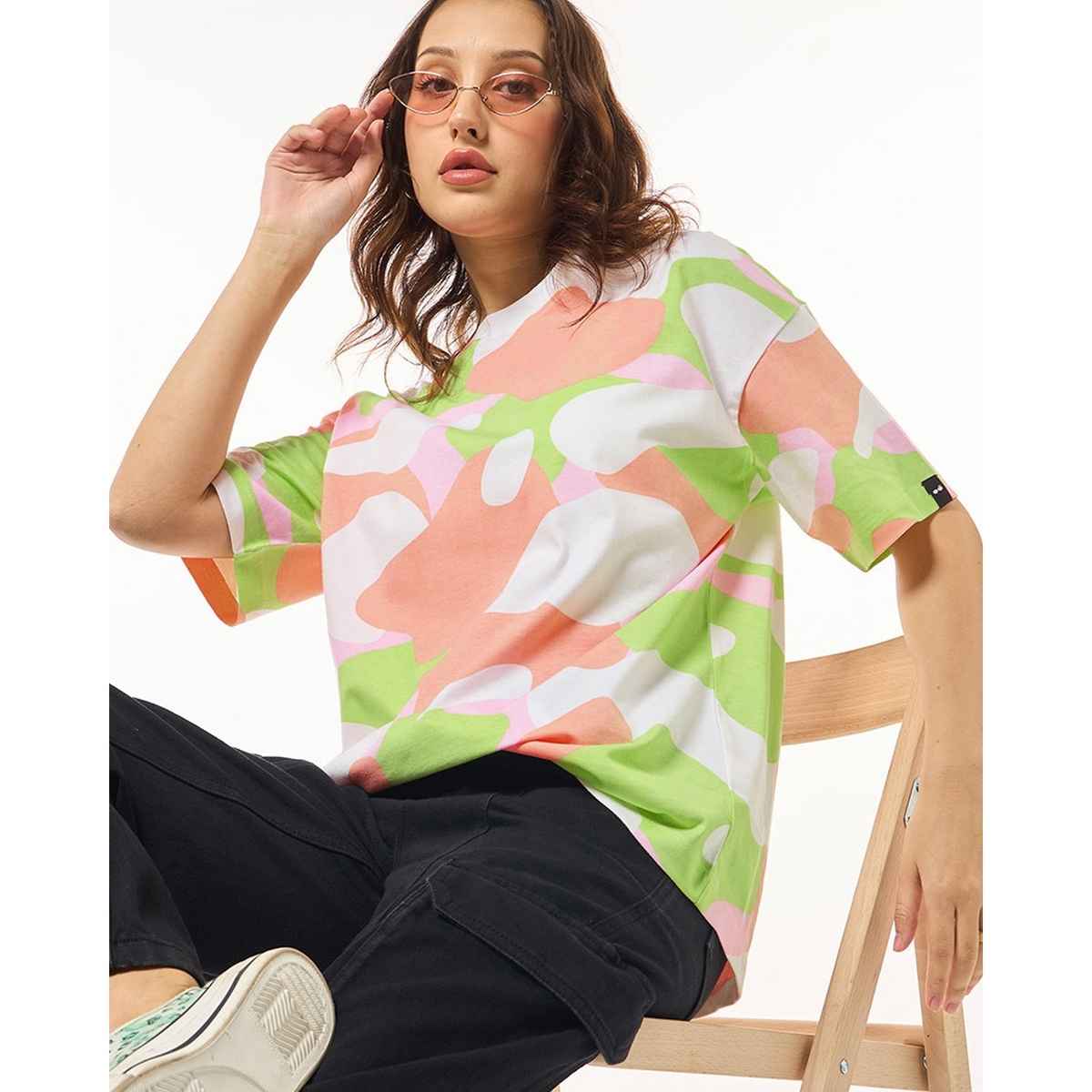 Bewakoof Women's Camouflage Printed Oversized T-shirt | Multicolour - L