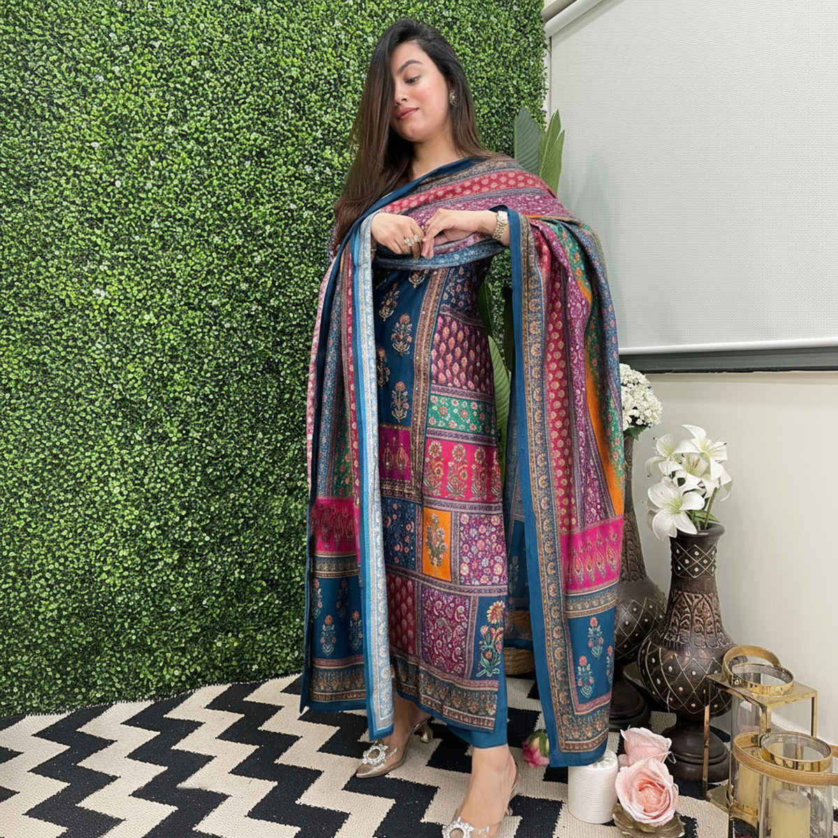 GoSriKi Women's Rayon Blend Straight Printed Kurta with Pant & Dupatta | SULA | Multi - XL