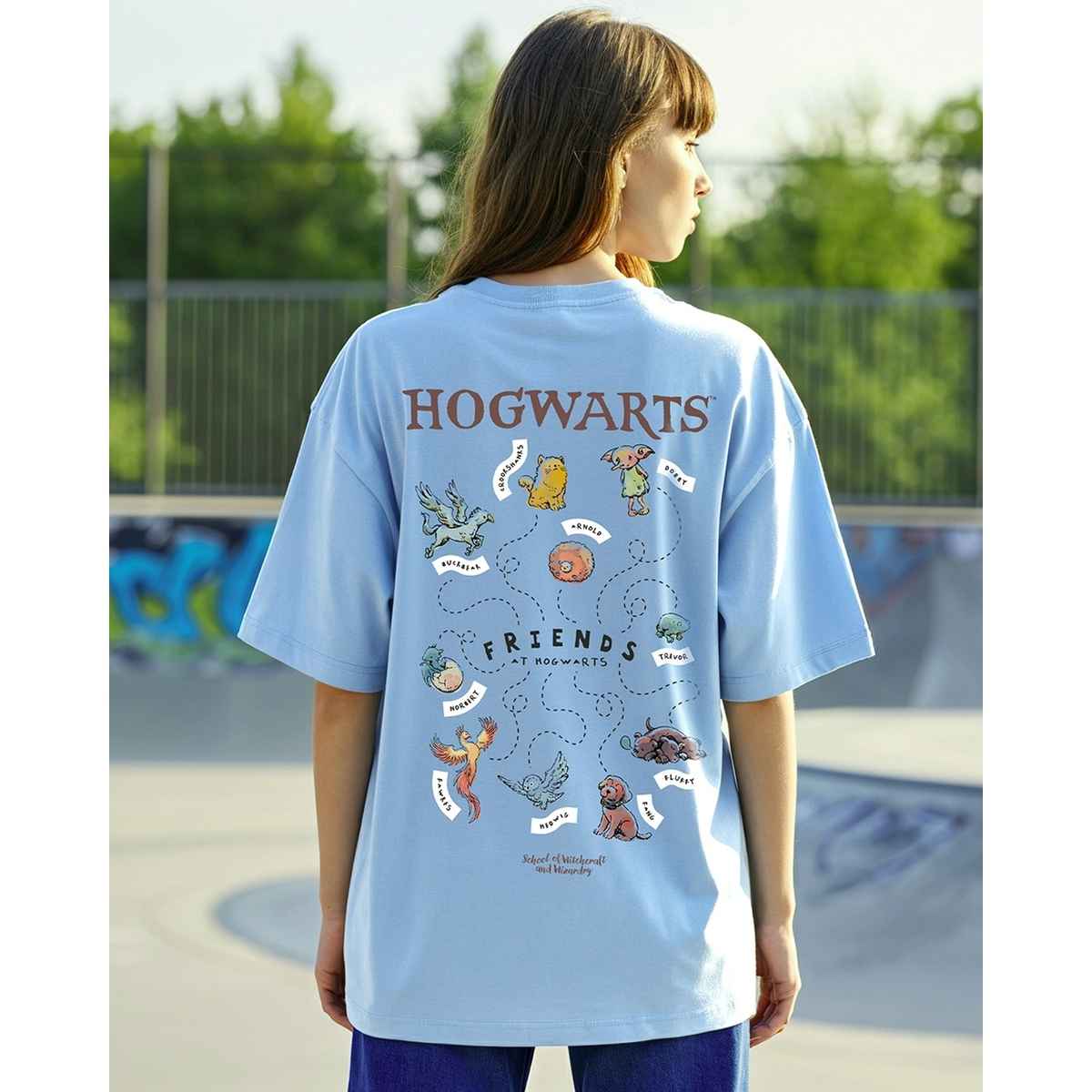 Bewakoof Women's School of Witch Craft Graphic Printed Oversized T-shirt | Blue - M