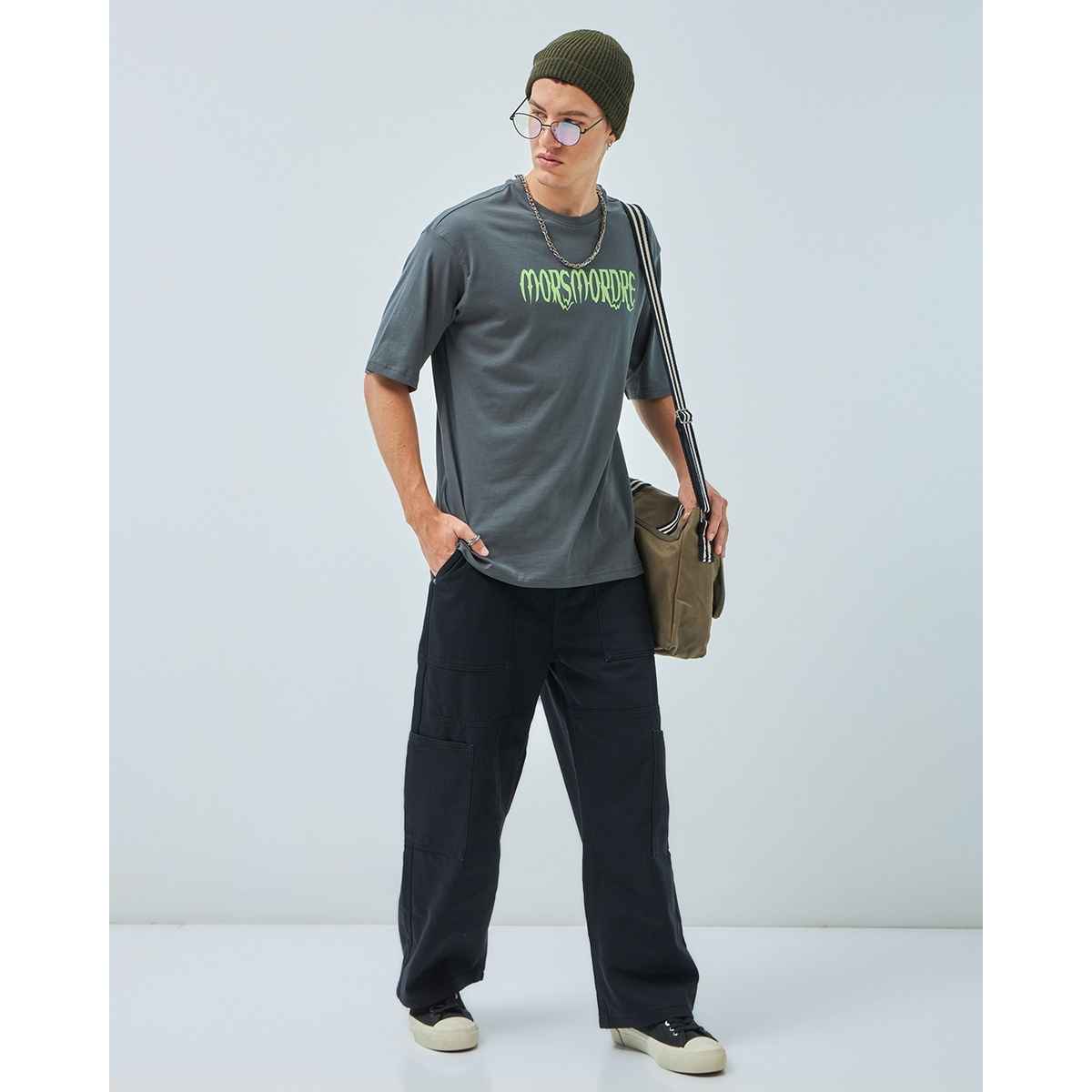 Bewakoof Men's Death Mark Graphic Printed Oversized T-shirt | Grey - XL