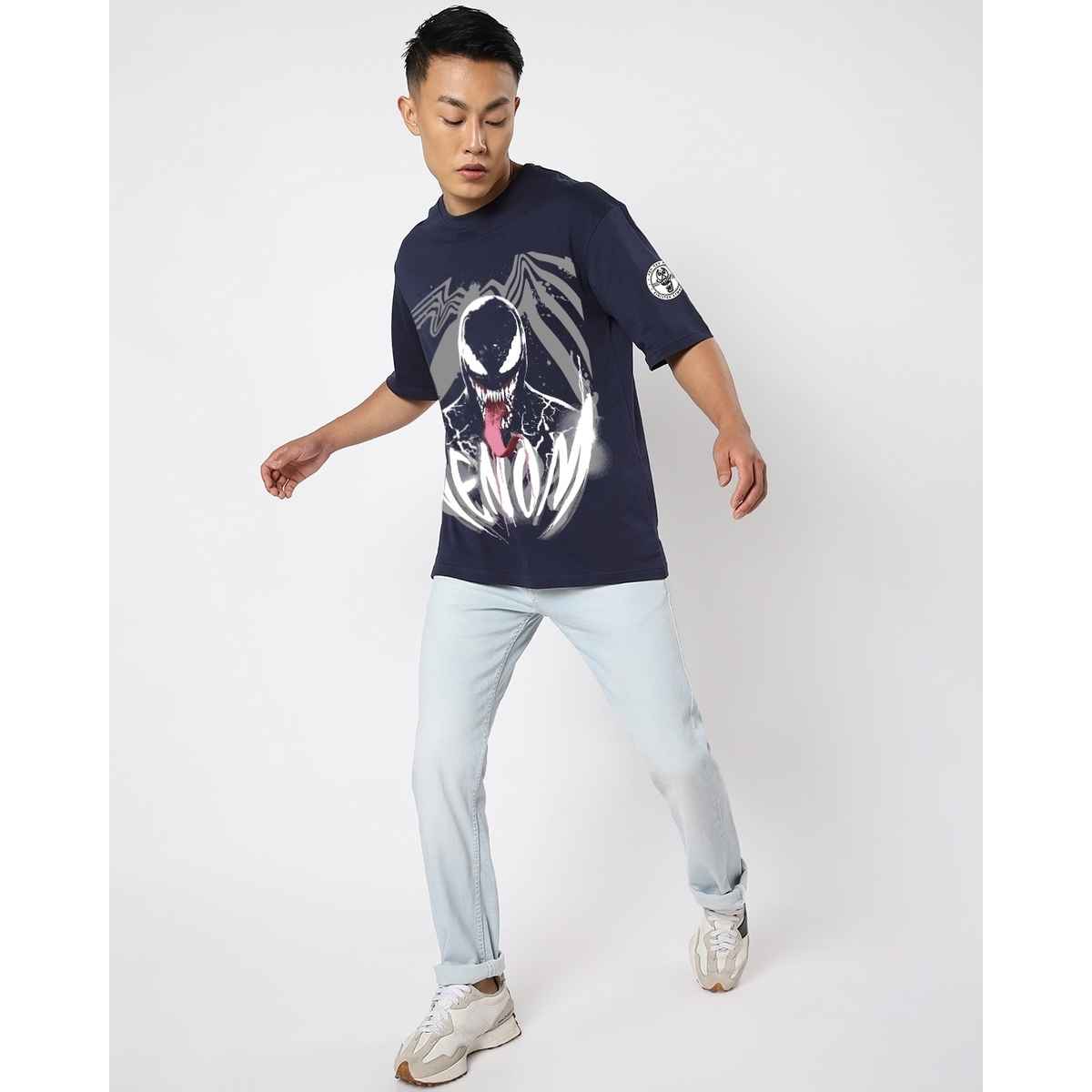 Bewakoof Men's Venom Graphic Printed Oversized T-shirt | Navy Blue - L