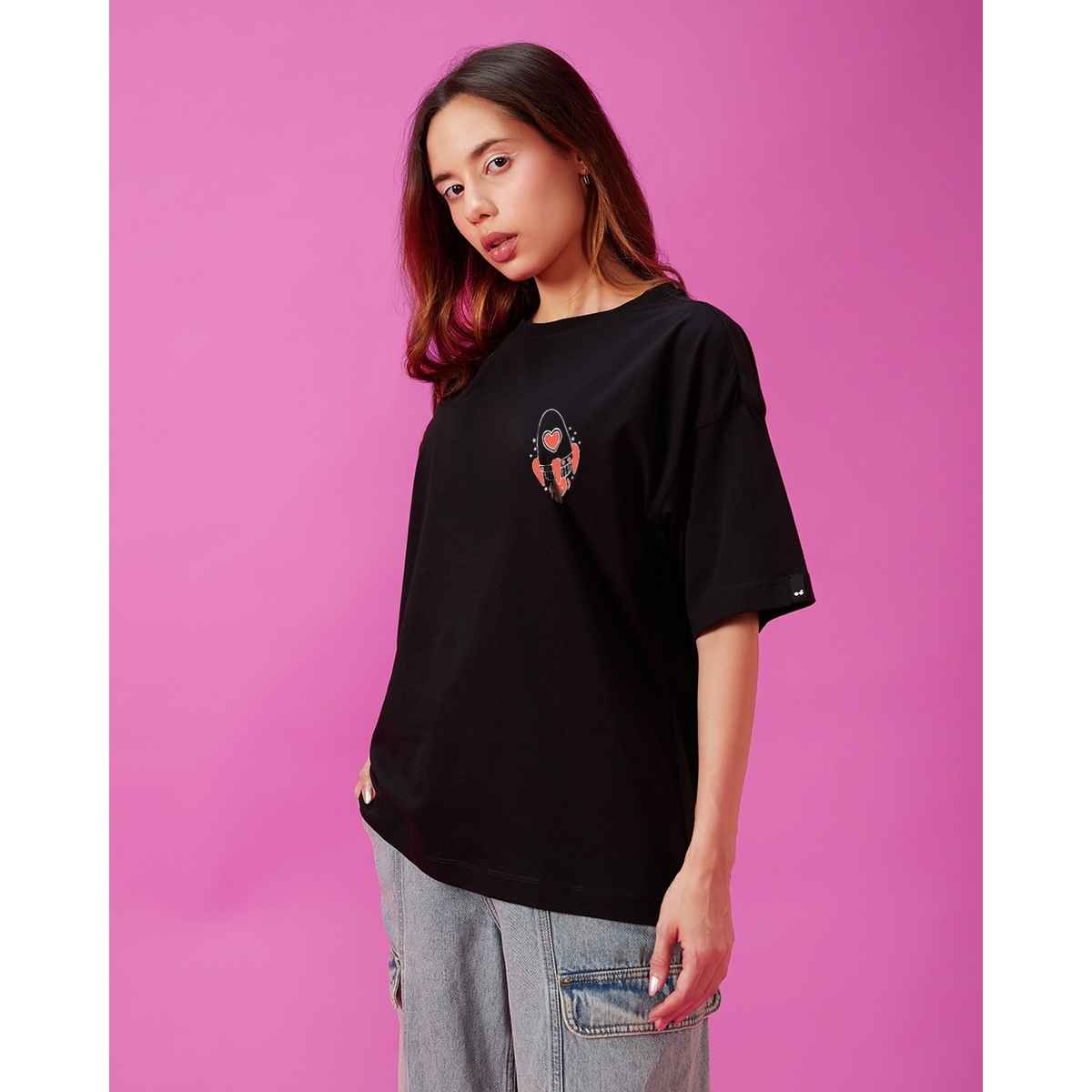 Bewakoof Women's Be Curious Graphic Printed Oversized T-shirt | Black - M