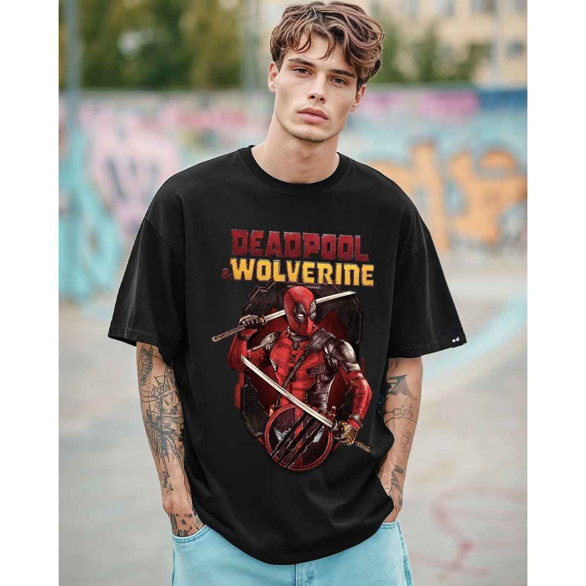 Bewakoof Men's Deadpool Graphic Printed Oversized T-shirt | Black - M