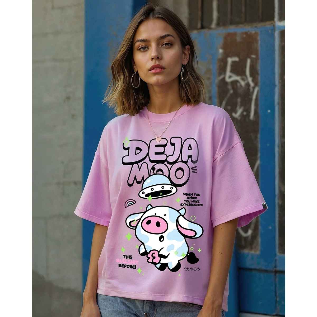 Bewakoof Women's Deja Moo Graphic Printed Oversized T-shirt | Purple - XL