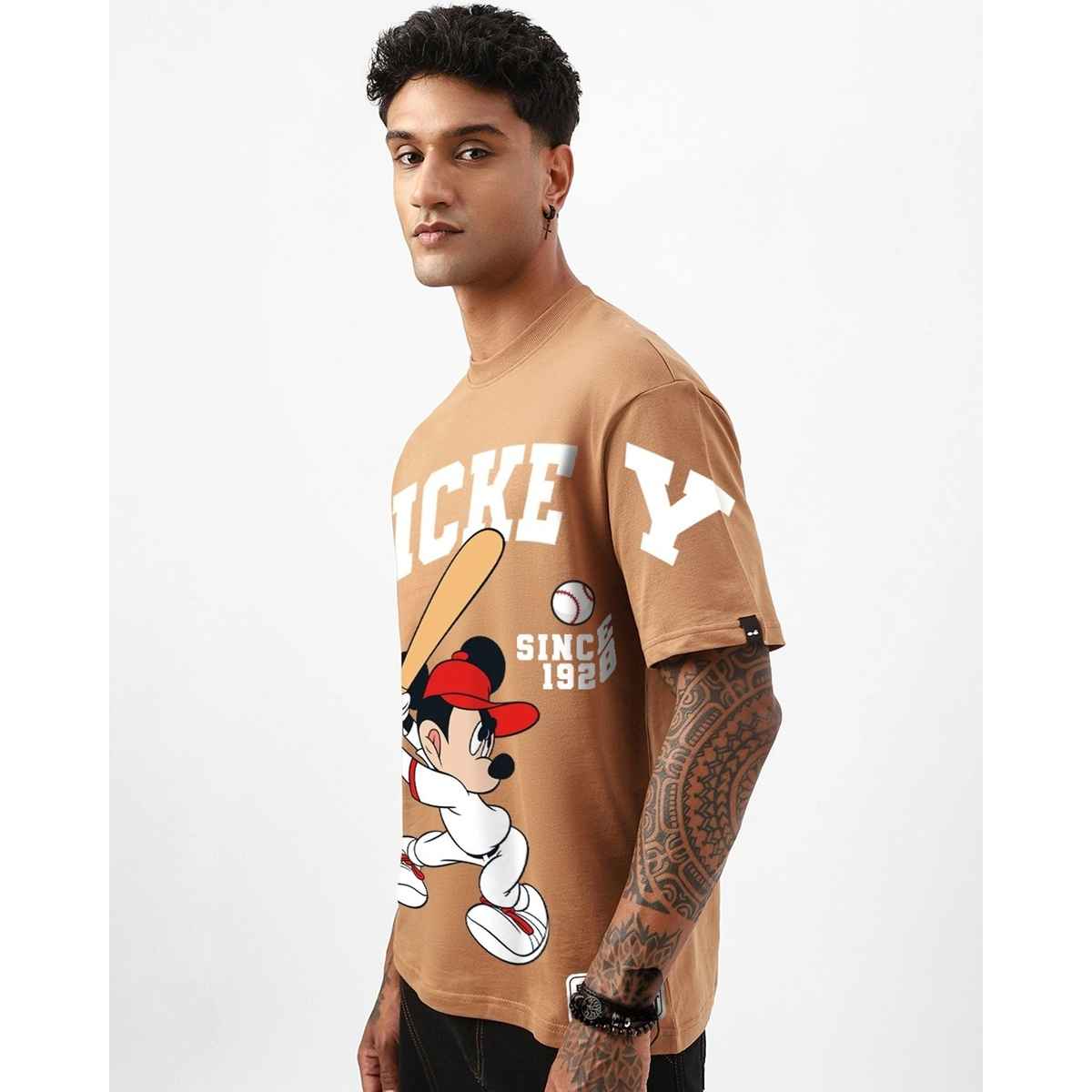 Bewakoof Men's Disney Mickey Graphic Printed Oversized T-shirt | Camel Brown - L