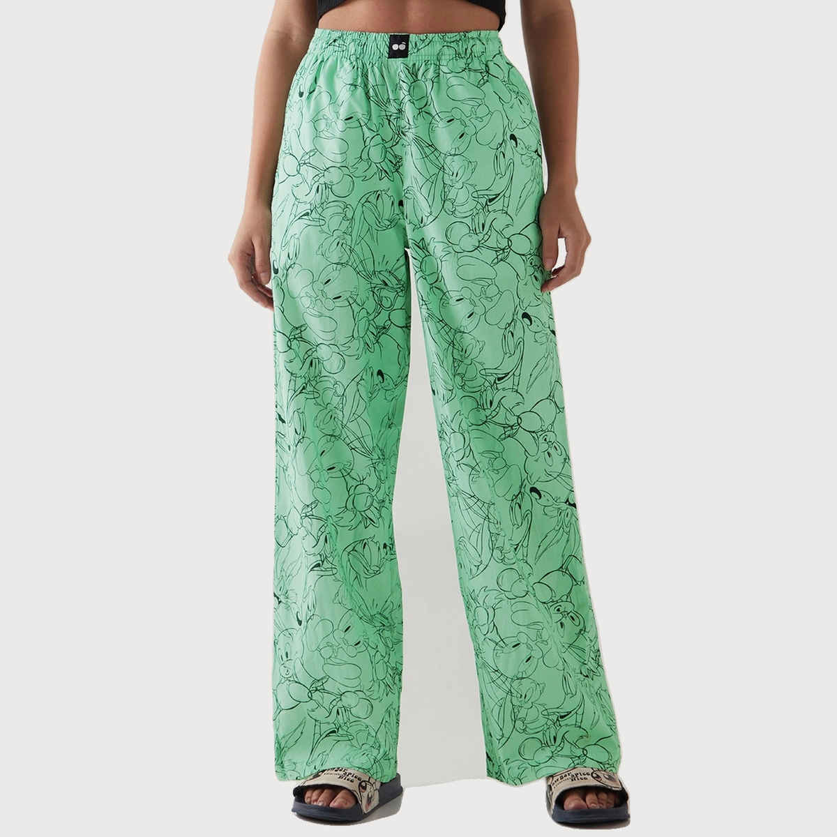 Bewakoof Official Looney Tunes Merchandise Women's Green All Over Printed Wide Leg Pyjamas | S
