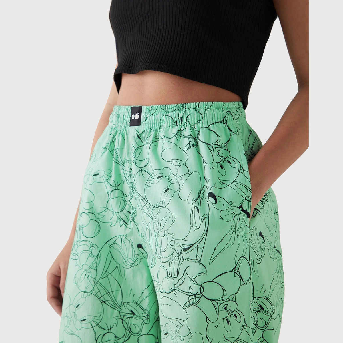 Bewakoof Official Looney Tunes Merchandise Women's Green All Over Printed Wide Leg Pyjamas | S