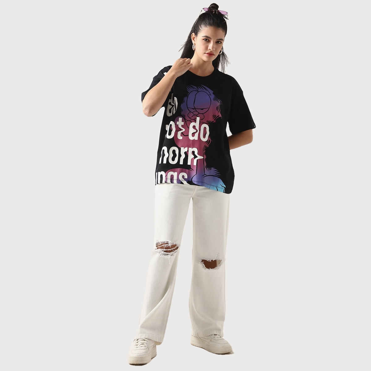 Bewakoof Women's Mornings Graphic Printed Oversized T-shirt | Black - M