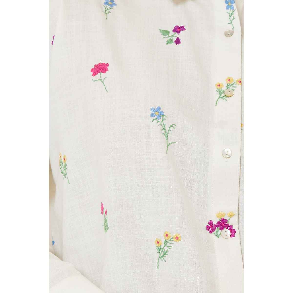 Styli Women's Longline Shirt with All Over Embroidered Linen Look | Off White - L