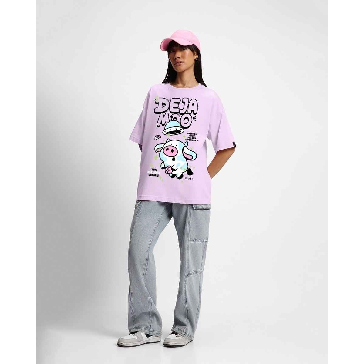 Bewakoof Women's Deja Moo Graphic Printed Oversized T-shirt | Purple - XL