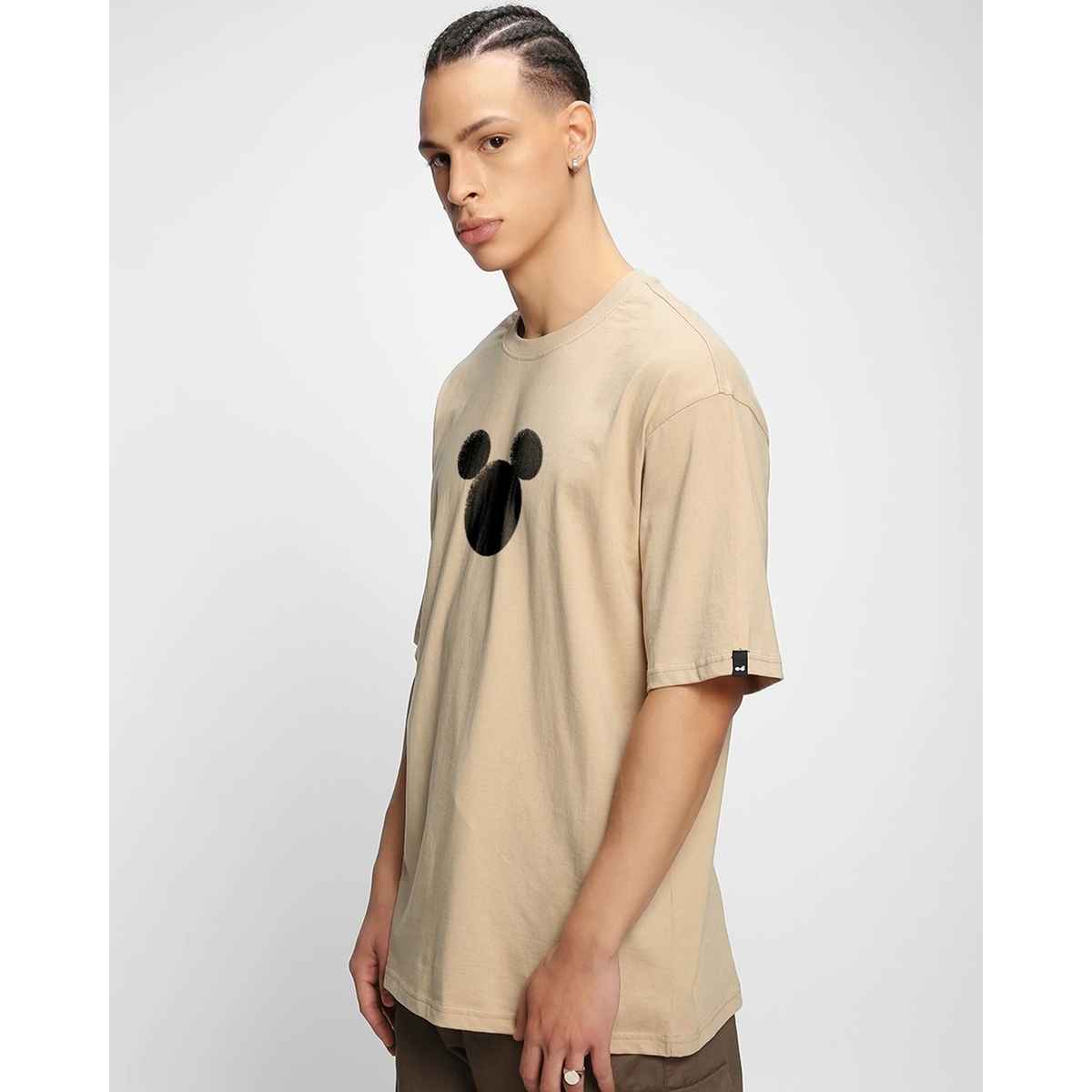 Bewakoof Men's Disney Mickey Graphic Printed Oversized T-shirt | Ginger Root - L
