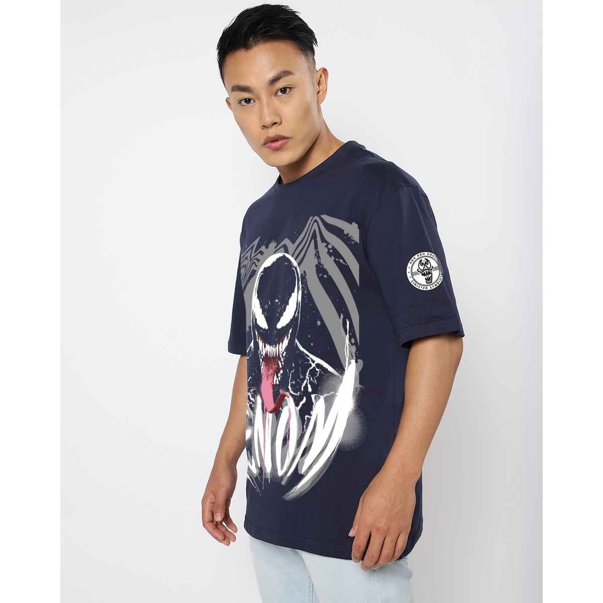 Bewakoof Men's Venom Graphic Printed Oversized T-shirt | Navy Blue - L