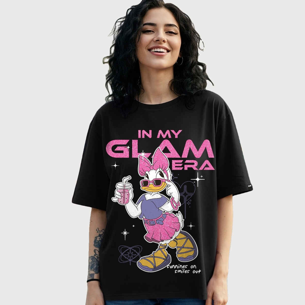 Bewakoof Women's My Glam Era Graphic Printed Oversized T-shirt | Black - M