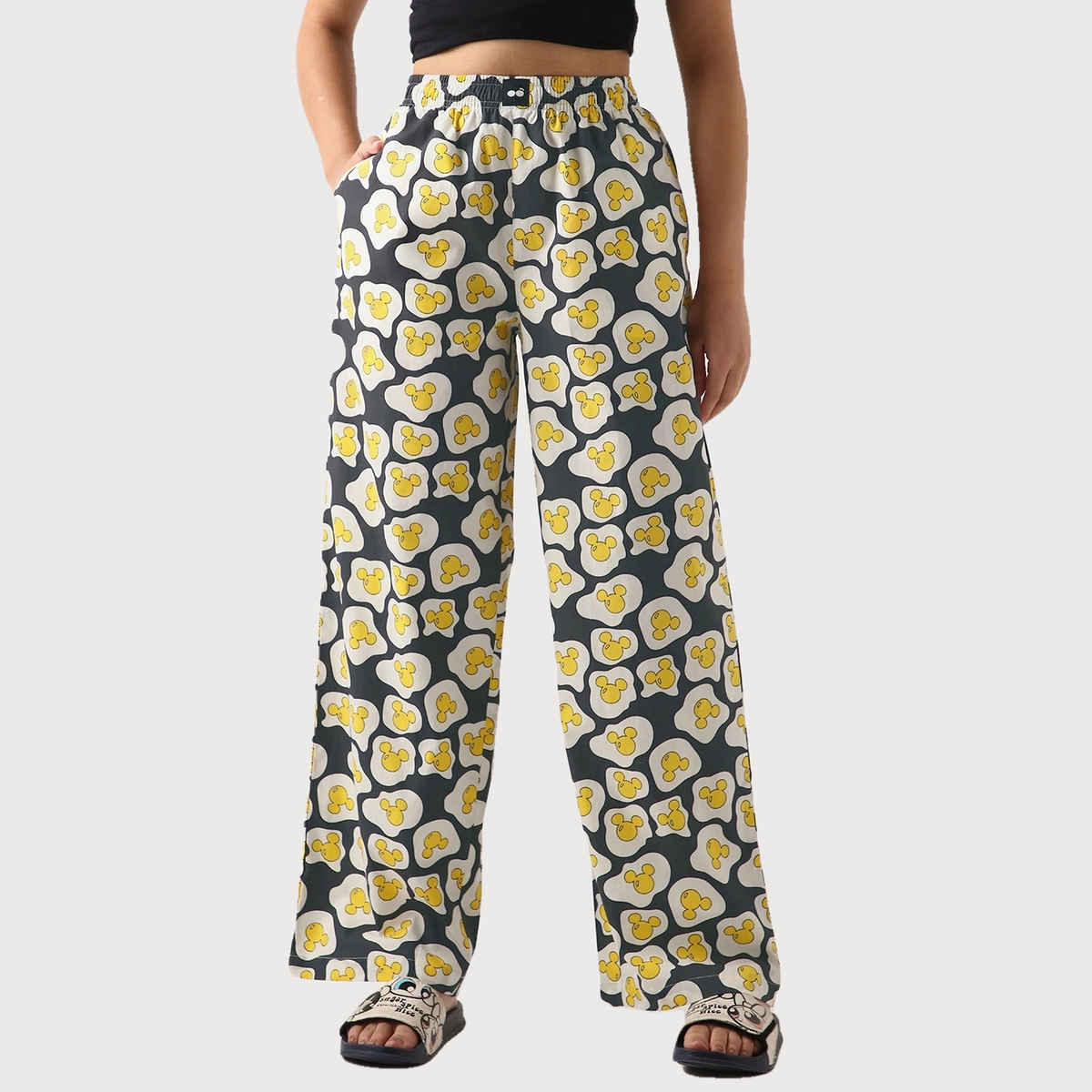 Bewakoof Official Disney Merchandise Women's All Over Printed Wide Leg Pyjamas | Grey - M
