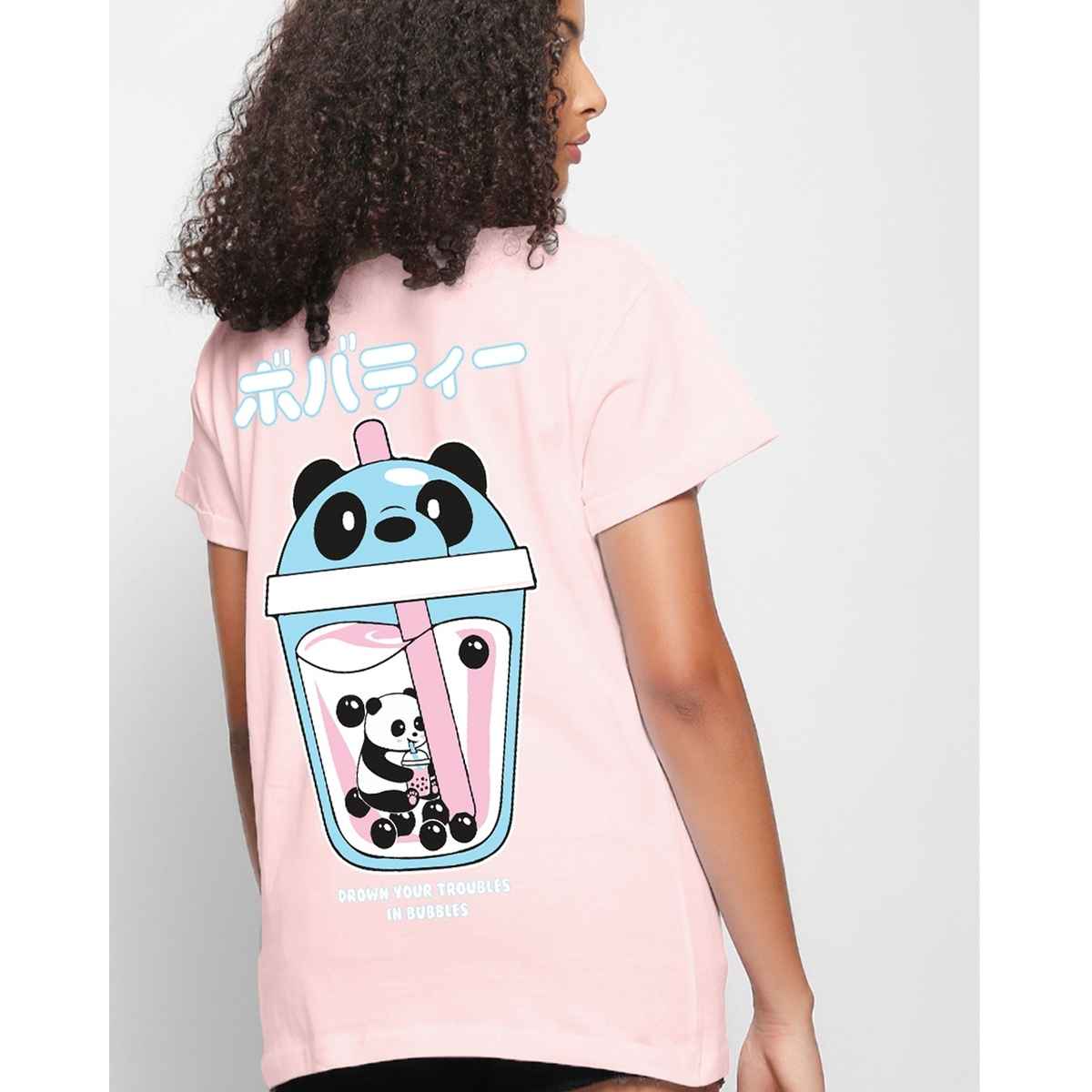 Bewakoof Women's Bubble Panda Graphic Printed Boyfriend T-shirt | Pink - XL